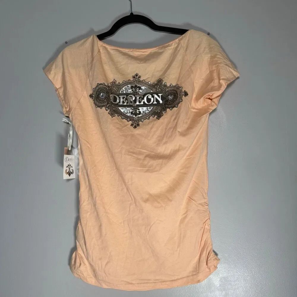 NWT Dereon Peach Tie-Front Ruched Top Ornate Crest Logo Y2K